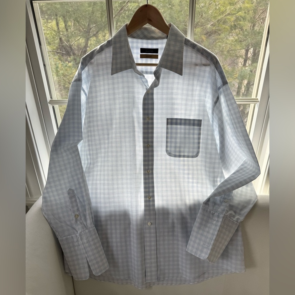 Tasso Elba Men’s XL Button-Down Shirt 34-35 17.5 White Blue Plaid Dress Shirt